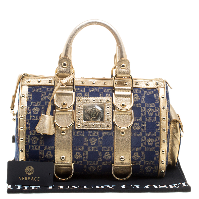 Versace Blue/Gold Fabric and Leather Snap Out Of It Satchel