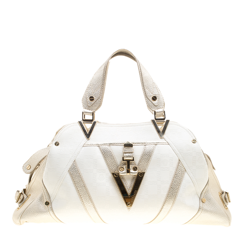 Pre Owned Versace White/Light Gold Canvas and Leather Satchel 