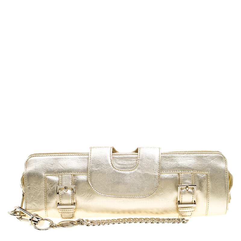 Pre Owned Versace Light Gold Leather Clutch