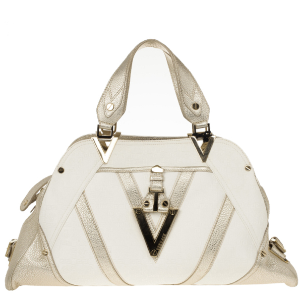 Pre Owned Versace Jumbo White Logo Jacquard Bowler Bag