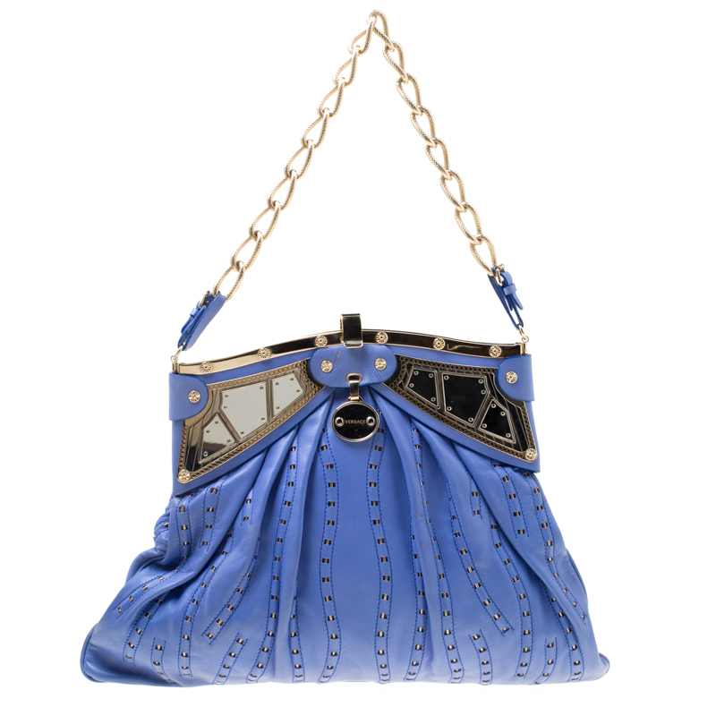 Pre Owned حقيبة كتف فيرساتشي بسلسلة ومرآة بإطار جلد زرقاء