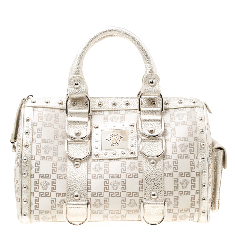 Pre Owned Versace Metallic Beige Signature Fabric and Leather Snap Out Of It Satchel