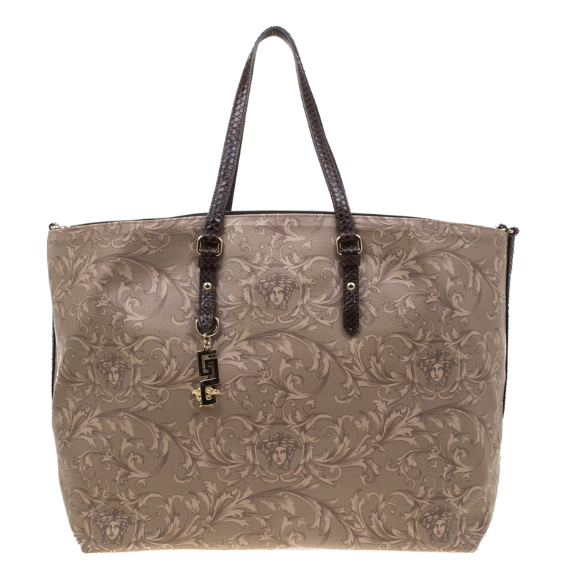 Versace Beige/Brown Barocco Heritage Coated Canvas and Snakeskin Trim Shopper Tote