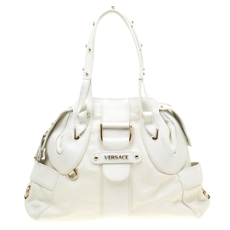 Pre Owned Versace Off White Leather Dome Satchel