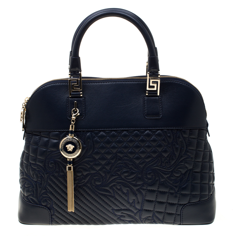 Versace Navy Blue Quilted Leather Athena Vanitas Top Handle Bag