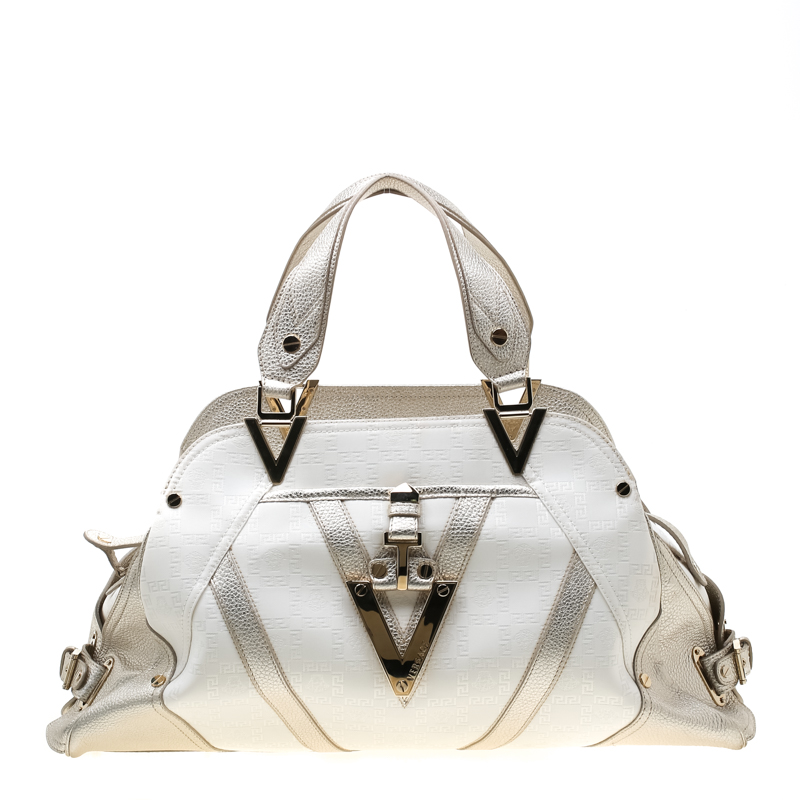 Pre Owned Versace White/Light Gold Canvas and Leather Satchel 