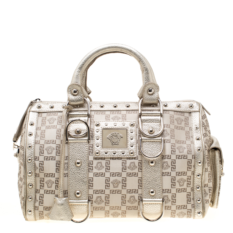 Pre Owned Versace Beige Metallic Signature Fabric and Leather Snap Out Of It Satchel