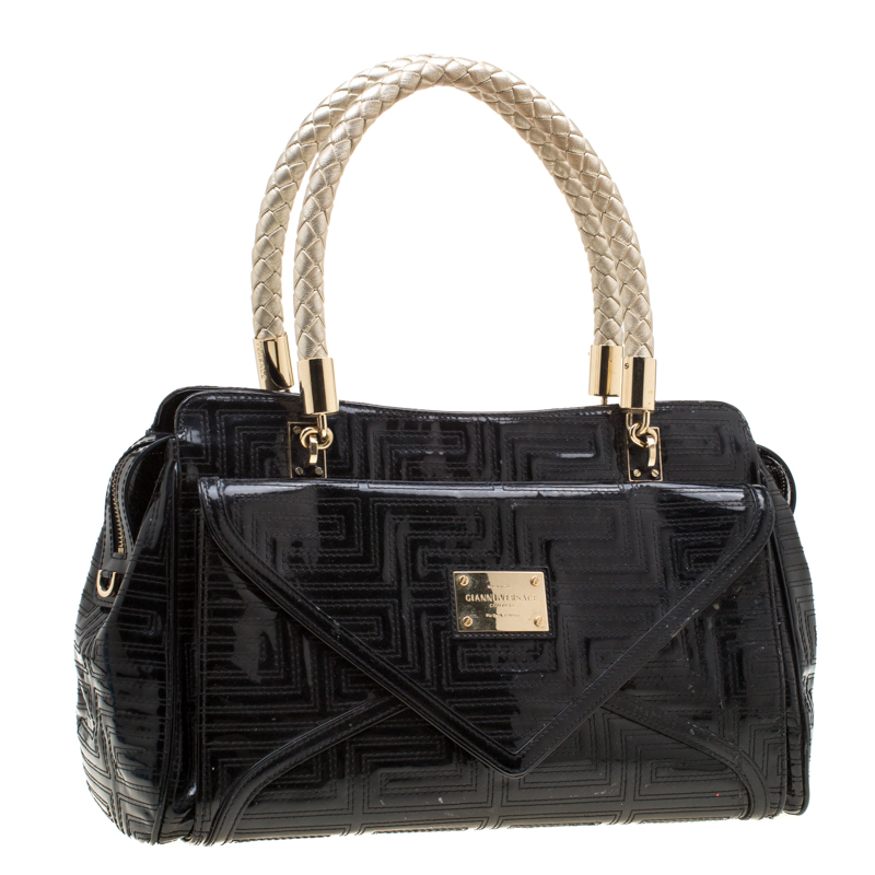 Pre-owned Versace Black/gold Quilted Patent Leather Satchel