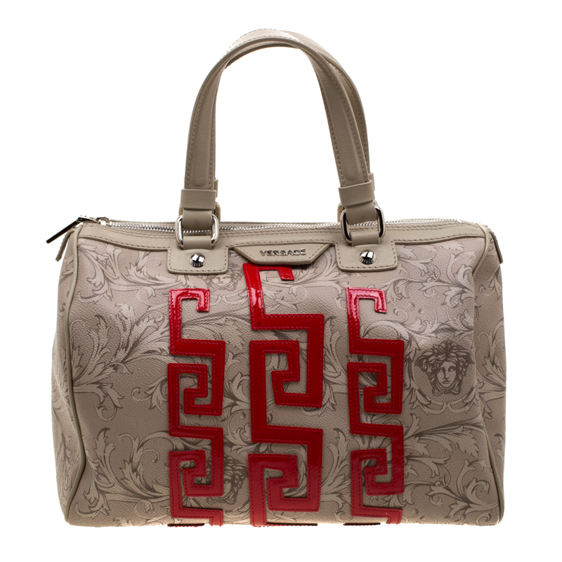 Pre Owned Versace Beige/Red Brocco Printed Leather Boston Bag