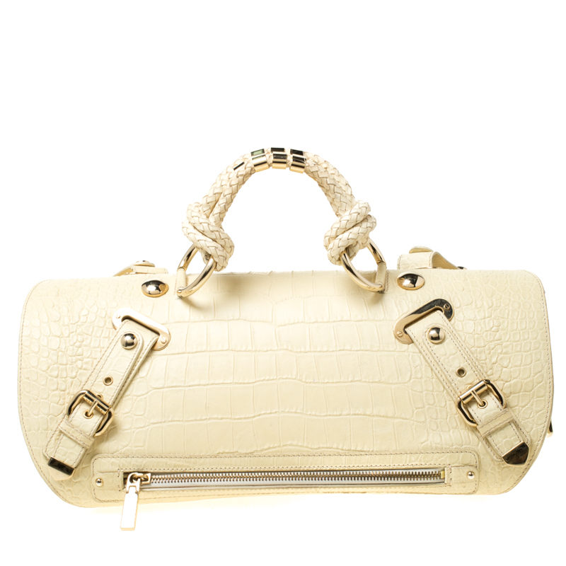 Pre-owned Versace Cream Croc Embossed Leather And Suede Medium Canyon Bag