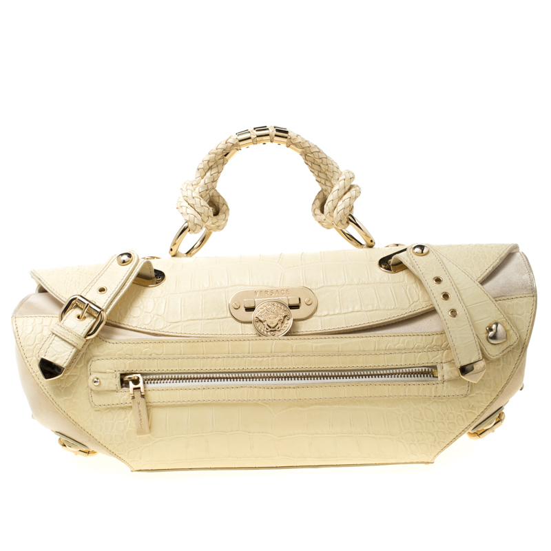 

Versace Cream Croc Embossed Leather and Suede  Canyon Bag