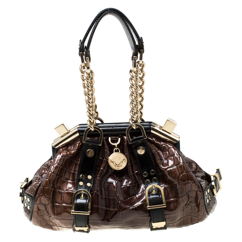 Versace Brown/Black Croc Embossed Patent Leather Madonna Boston Bag