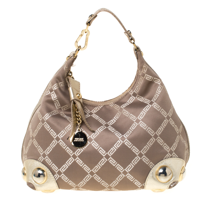 Versace Beige/Gold Signature Satin and Leather Satchel Versace TLC