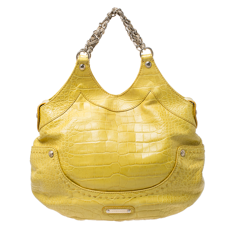 Versace Yellow Croc Embossed Leather Kiss Satchel Versace | TLC