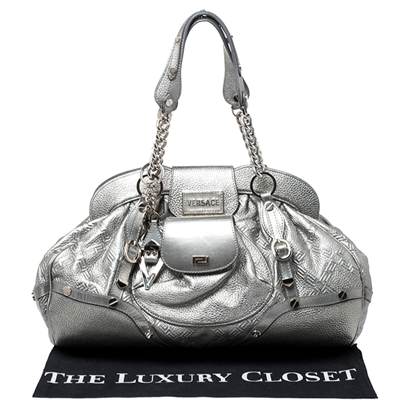 Pre-owned Versace Metallic Silver Leather Chain Link Satchel