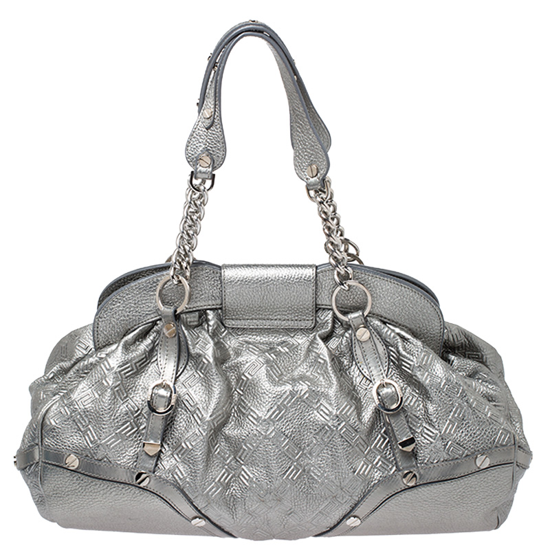 Pre-owned Versace Metallic Silver Leather Chain Link Satchel