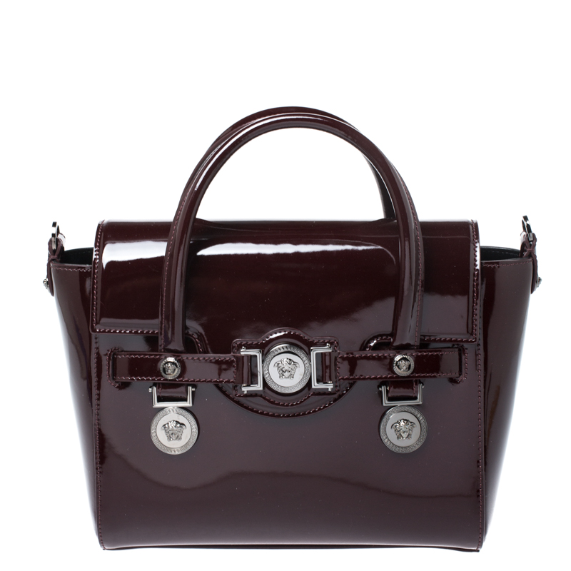 Pre-owned Versace Maroon Patent Leather Medusa Medallion Tote In Burgundy
