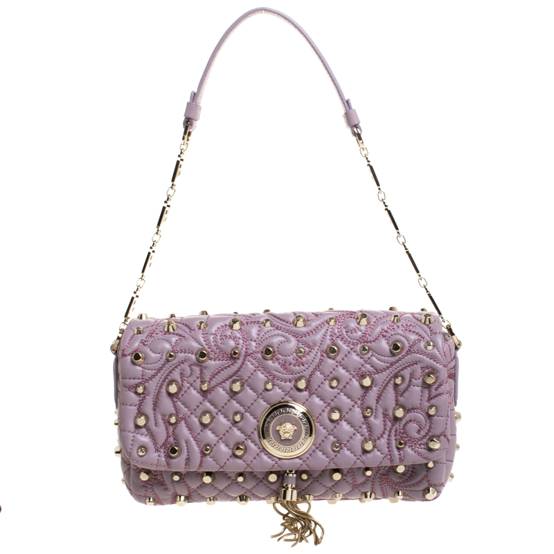 مملوكة مسبقًا Versace Lilac Studded Leather Vanitas Flap Shoulder Bag
