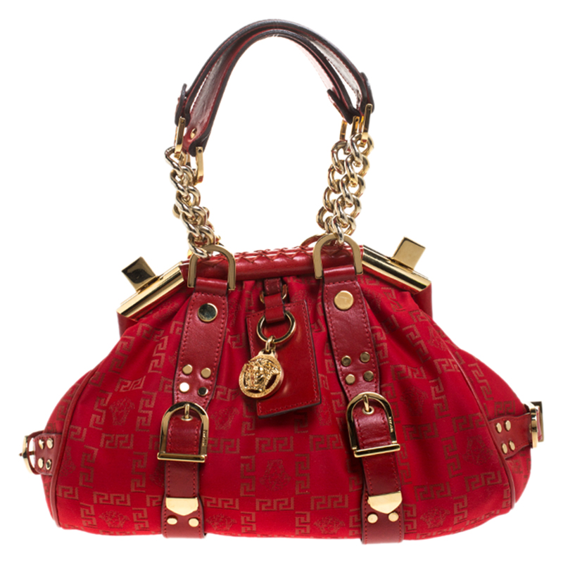 Pre Owned Versace Red Fabric Madonna Boston Bag