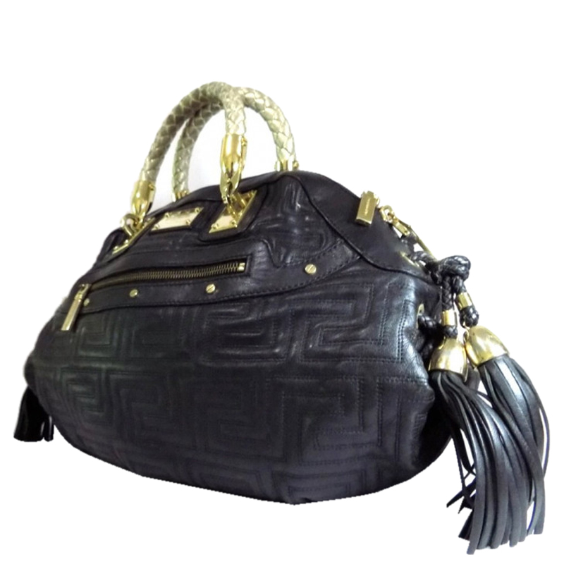 

Versace Black Leather Gianni Couture Greca Stitched Satchel