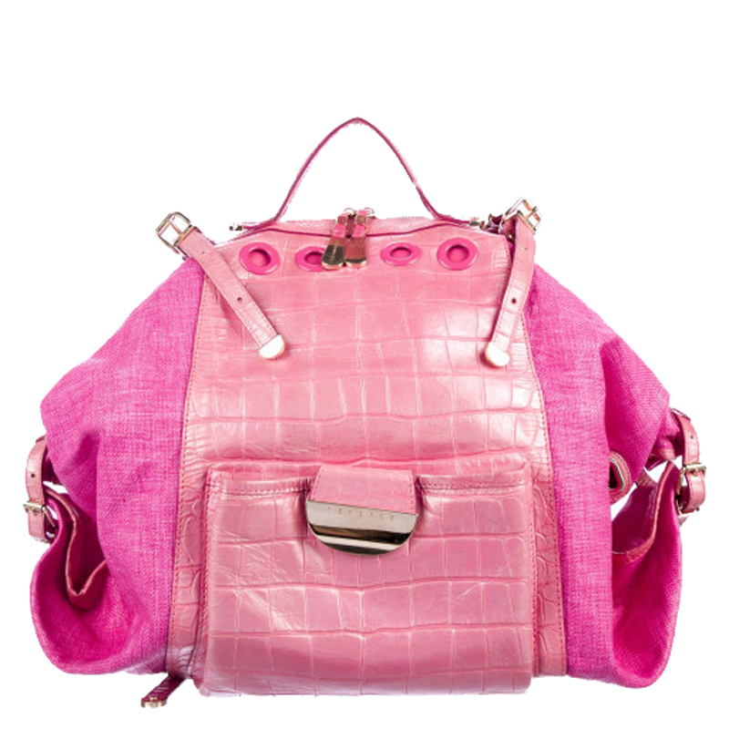 Pre-owned Versace Pink Embossed Leather And Raffia Darling Backpack