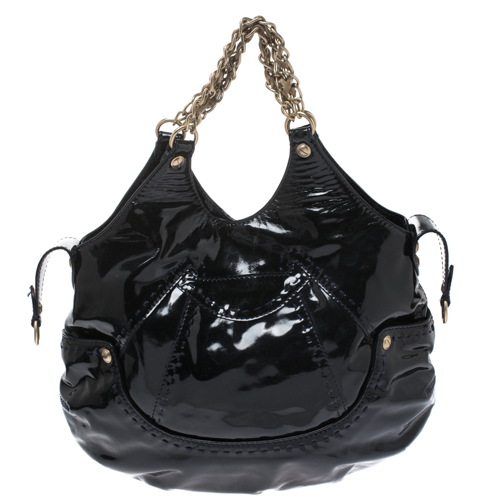

Versace Black Stitches Patent Leather Chain Shoulder Bag