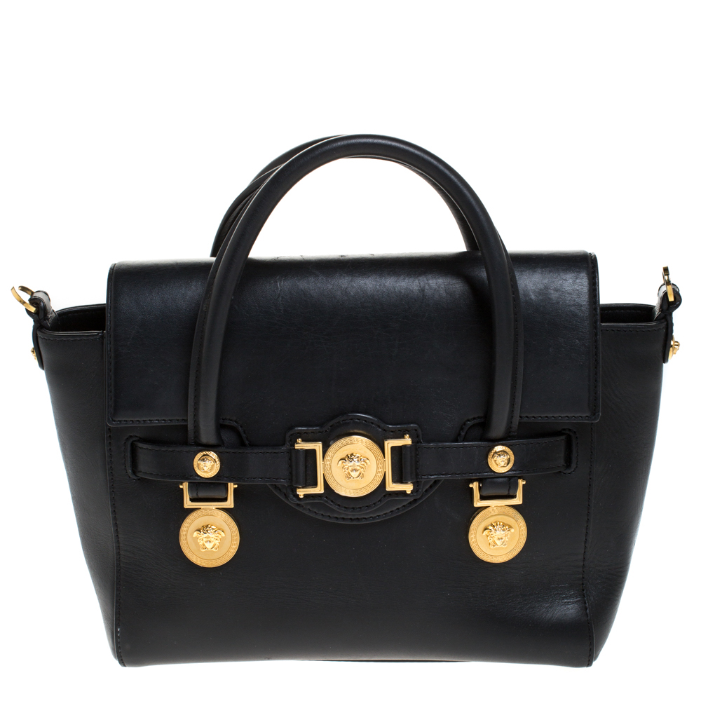 Pre-owned Versace Black Leather Small Medusa Medallion Tote