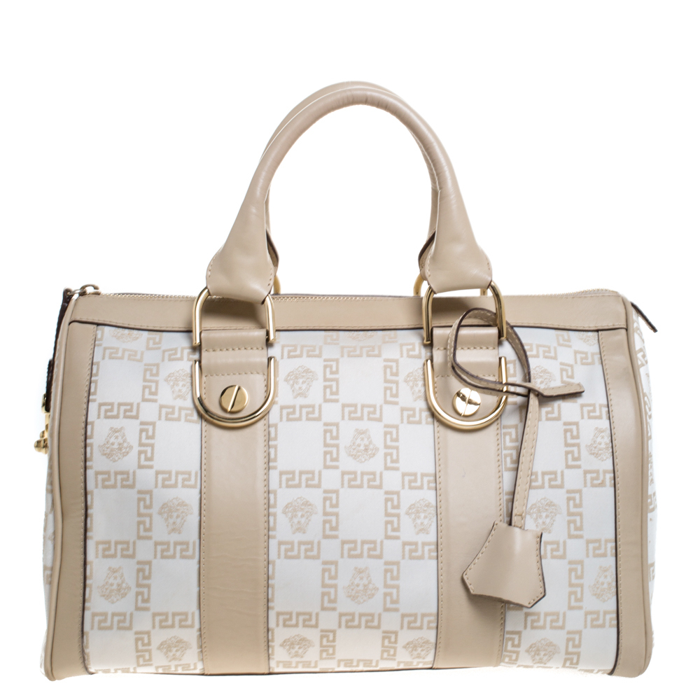 Pre-owned Versace White/beige Monogram Satin And Leather Bag