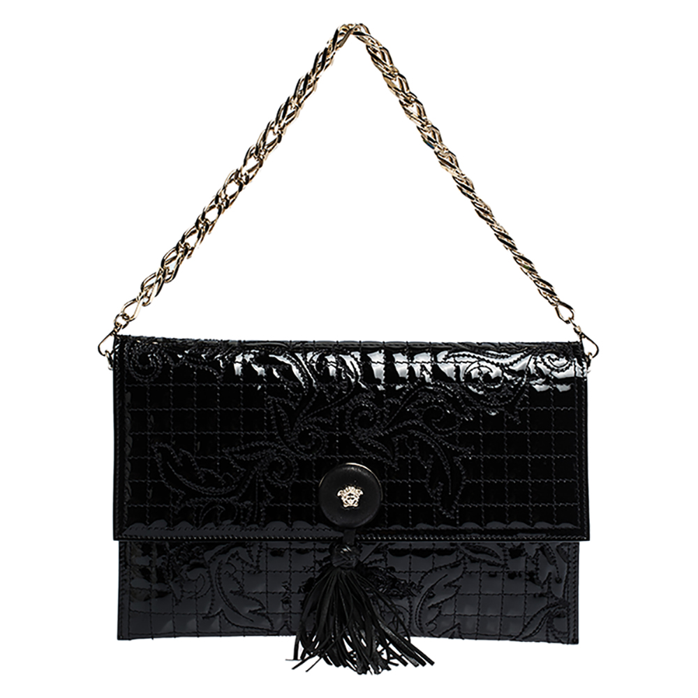 Pre Owned Versace Black Leather Tassel Medusa Shoulder Bag