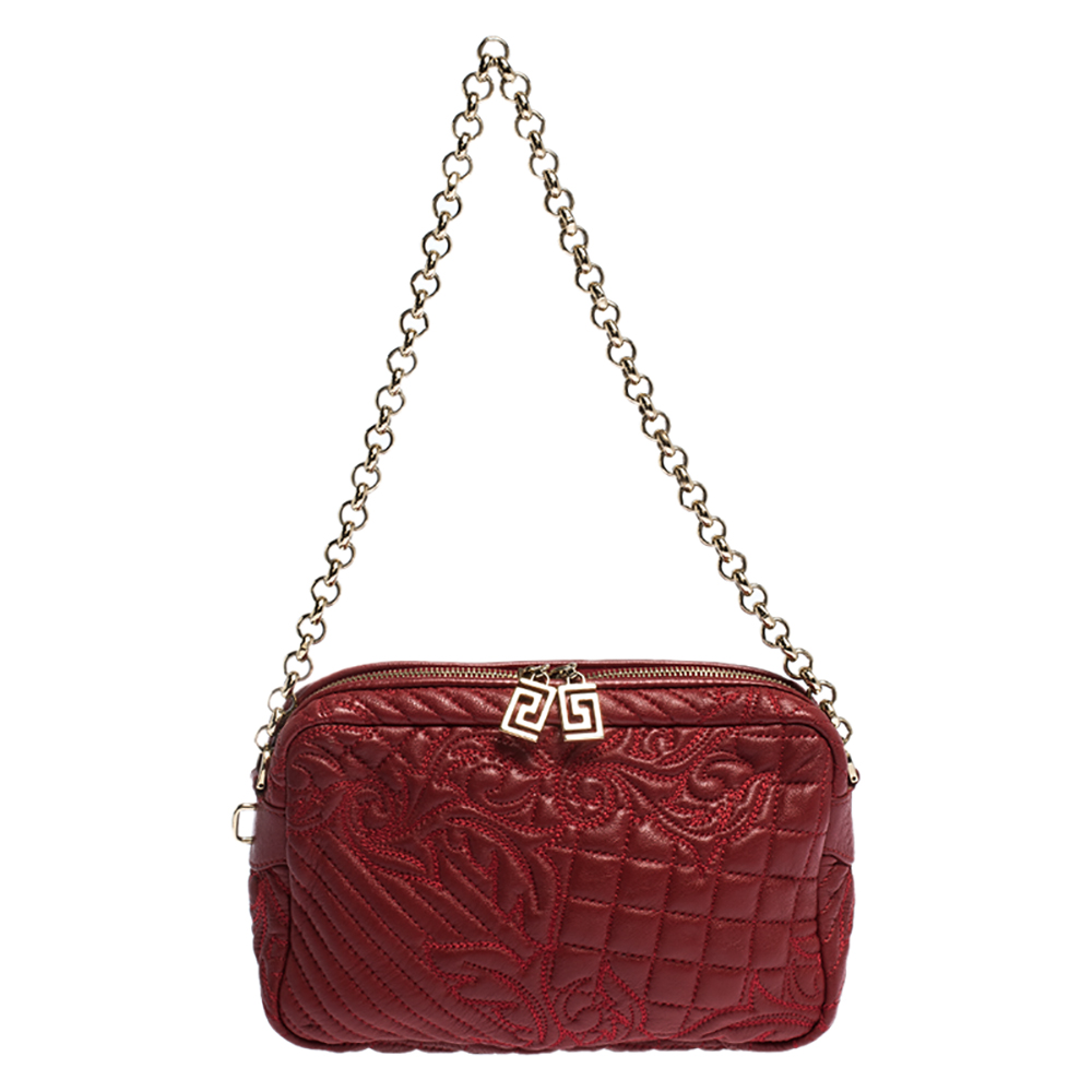 Pre Owned Versace Red Leather Medusa Charm Shoulder Bag