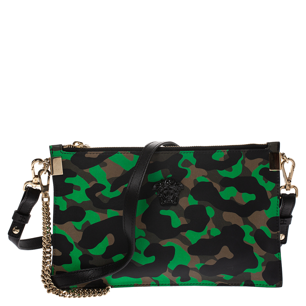 Pre Owned Versace Green Camouflage Leather Crossbody Bag