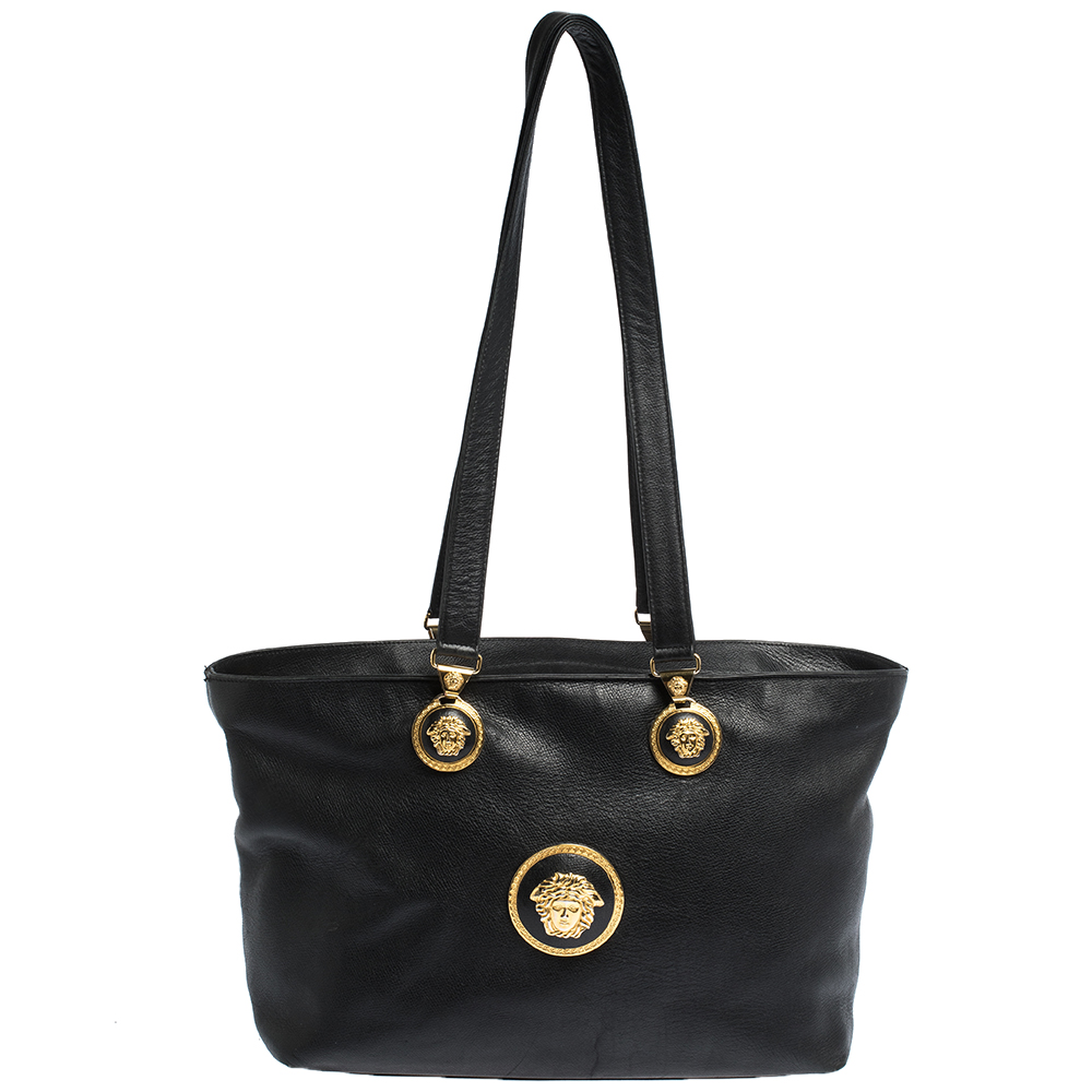 Pre Owned Versace Black Leather Medusa Shopper Tote