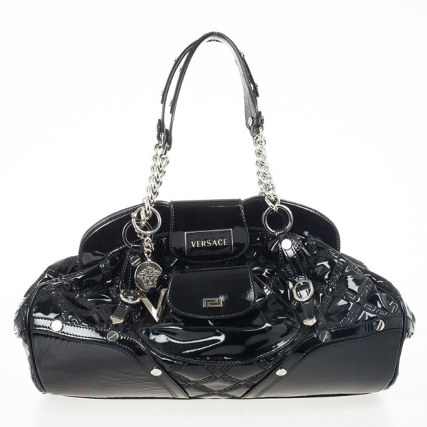Pre Owned Versace Black Patent Chain Link Handle Satchel