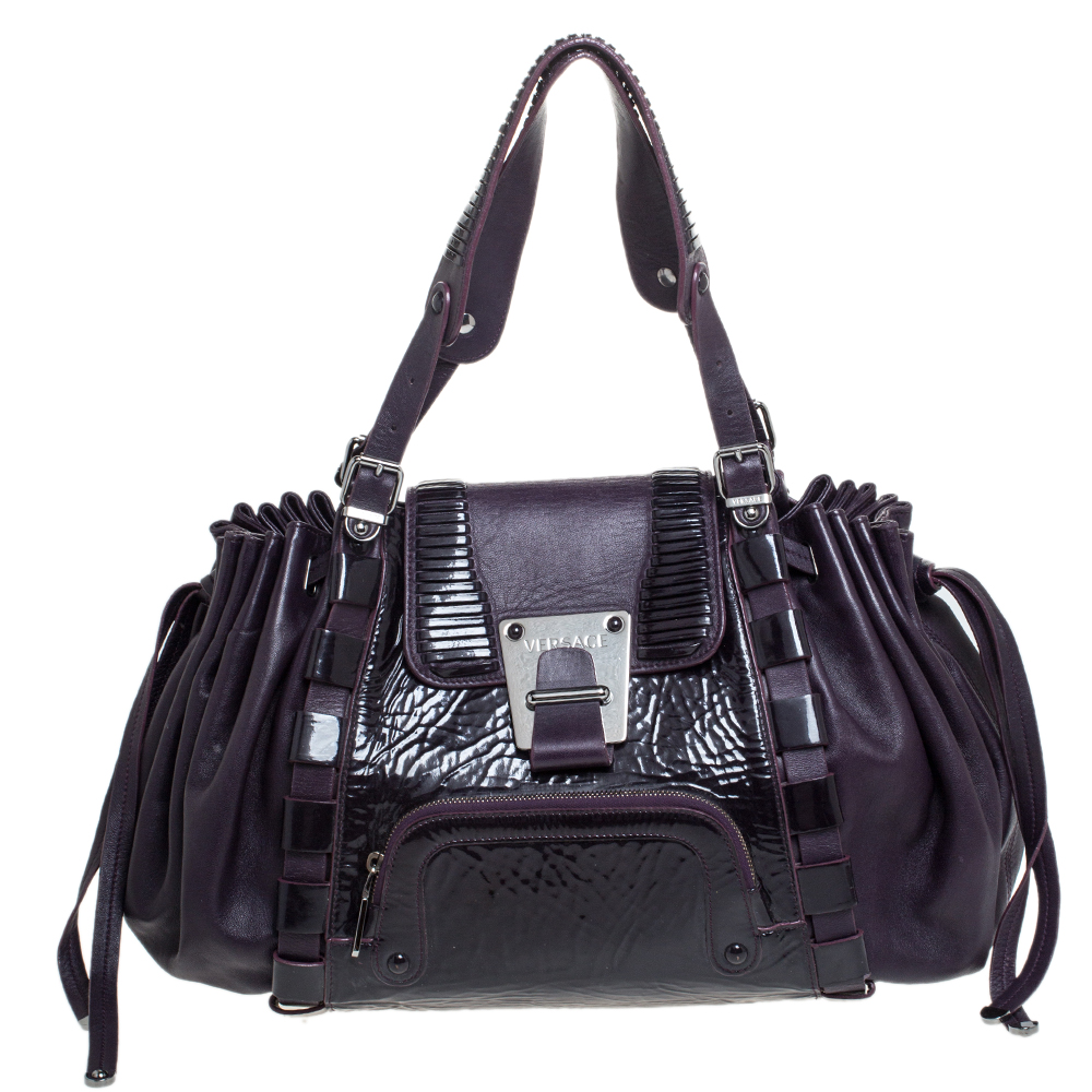 Pre Owned Versace Purple Patent Leather Loop Detail Shoulder Bag