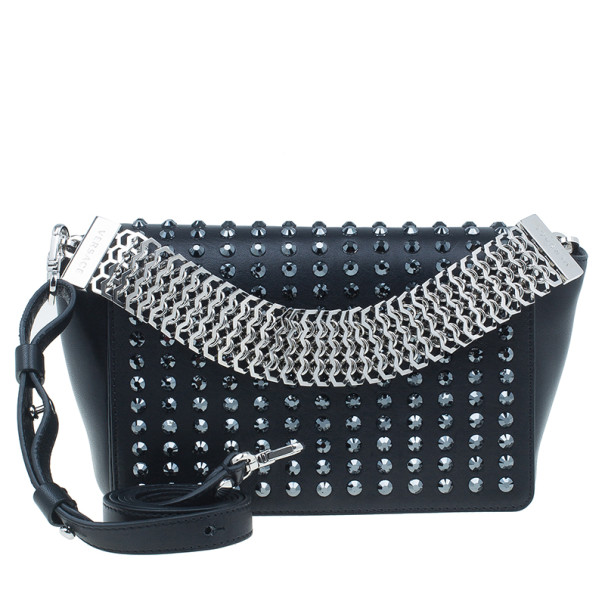 Pre Owned Versace Black  Leather Studded Crystal Chain Shoulder Bag