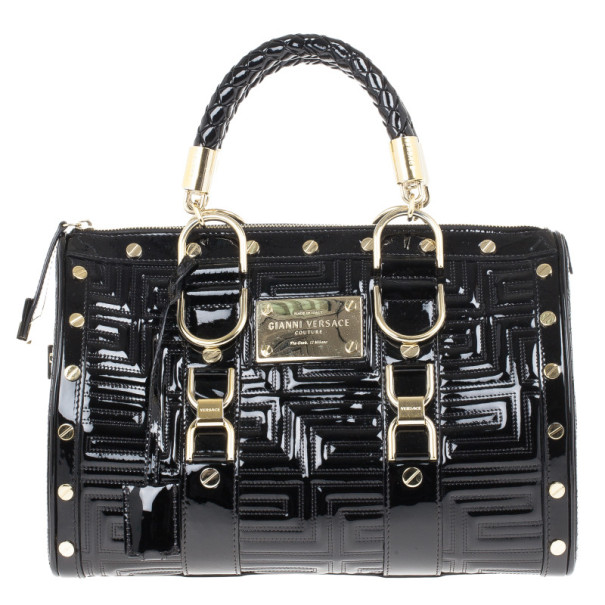 Pre Owned Versace Black Patent Quilted Snap Out Of It Satchel