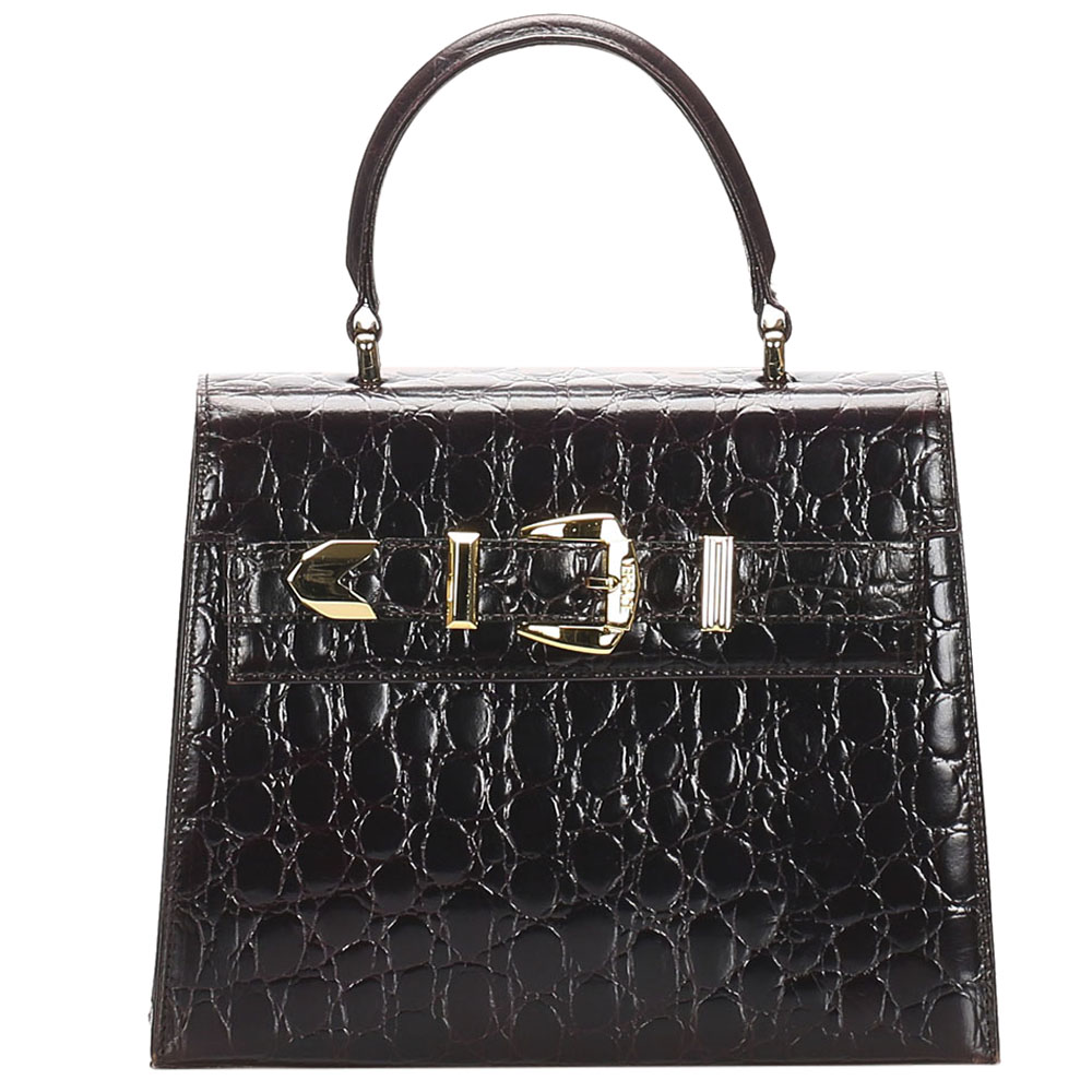 Pre Owned Versace Black Croc Embossed Leather Satchel bag