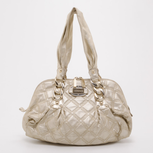 Pre Owned Versace Metallic Quilted Logo Leather Satchel 