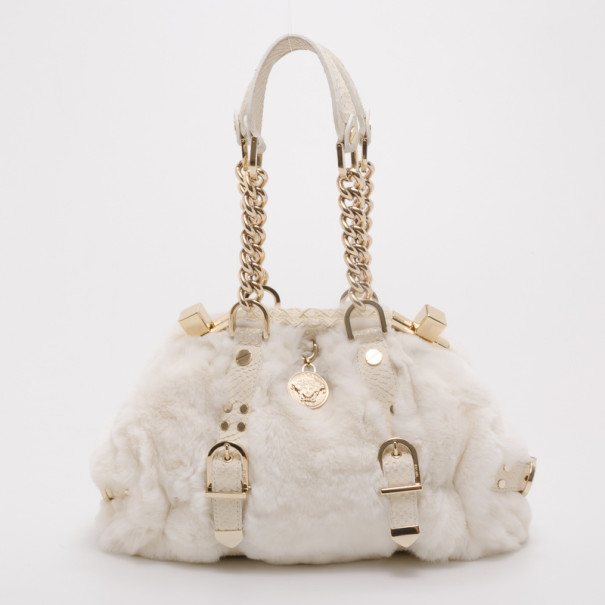 Pre Owned Versace White Chinchilla Madonna Boston Bag