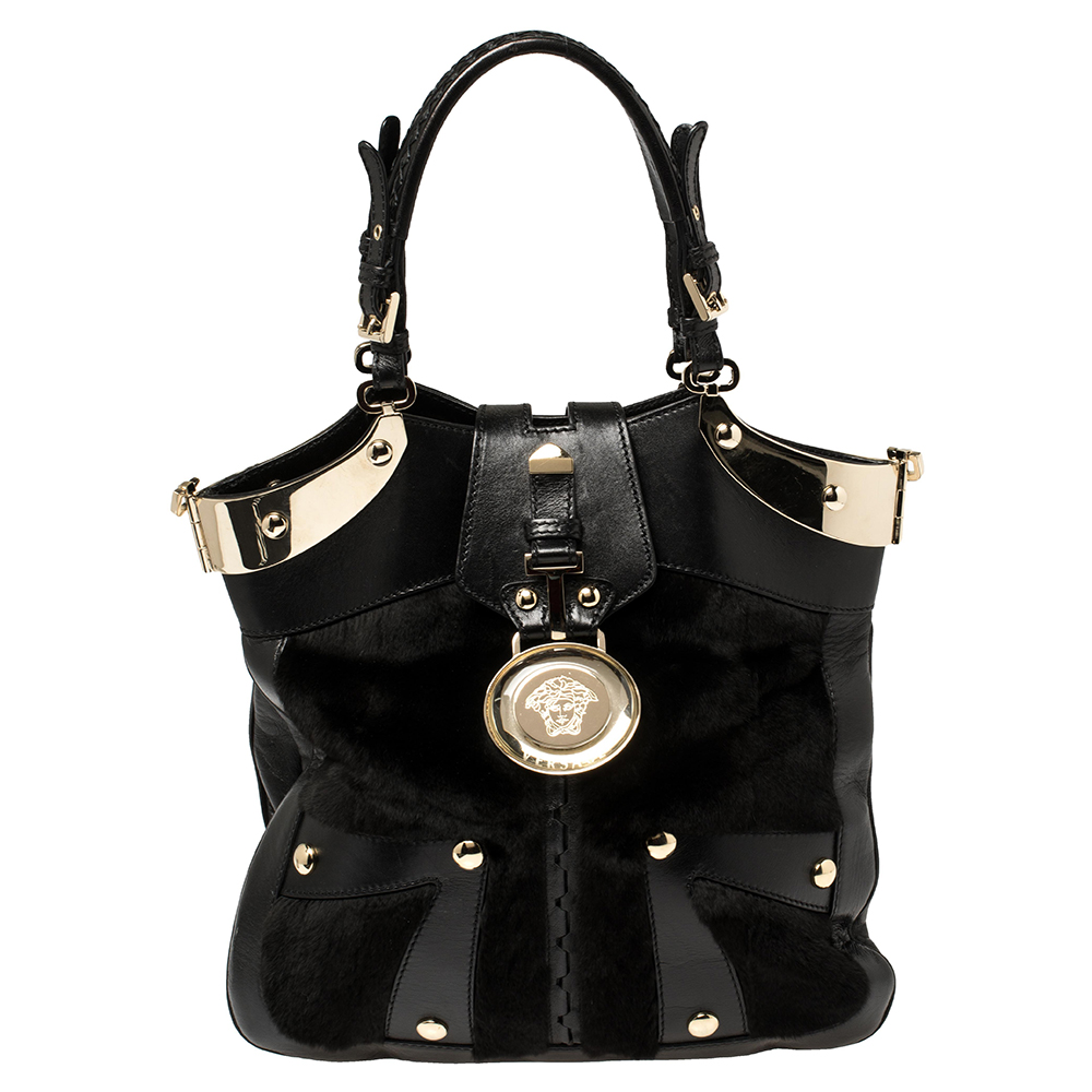 Pre-owned Versace Black Fur And Leather Studded Satchel In Gold