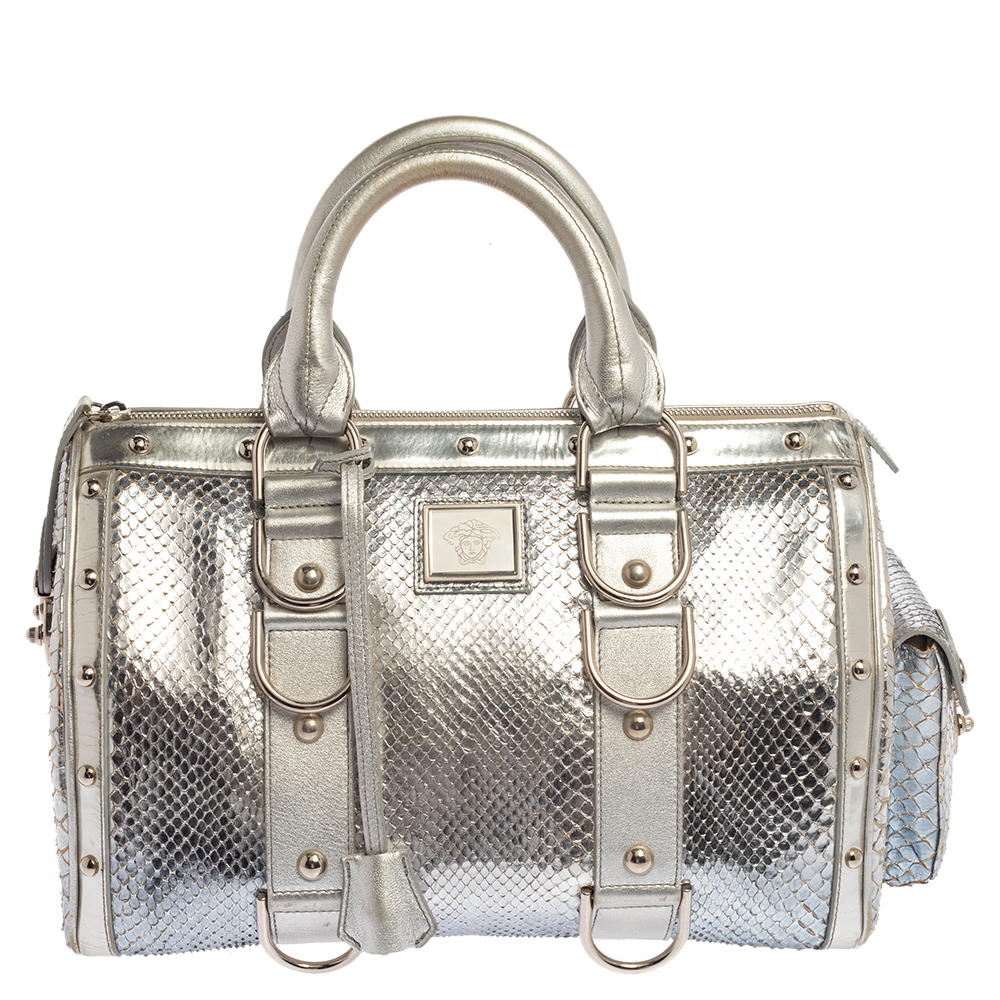 Pre-owned Versace Silver Snakeskin Snap Out Of It Satchel