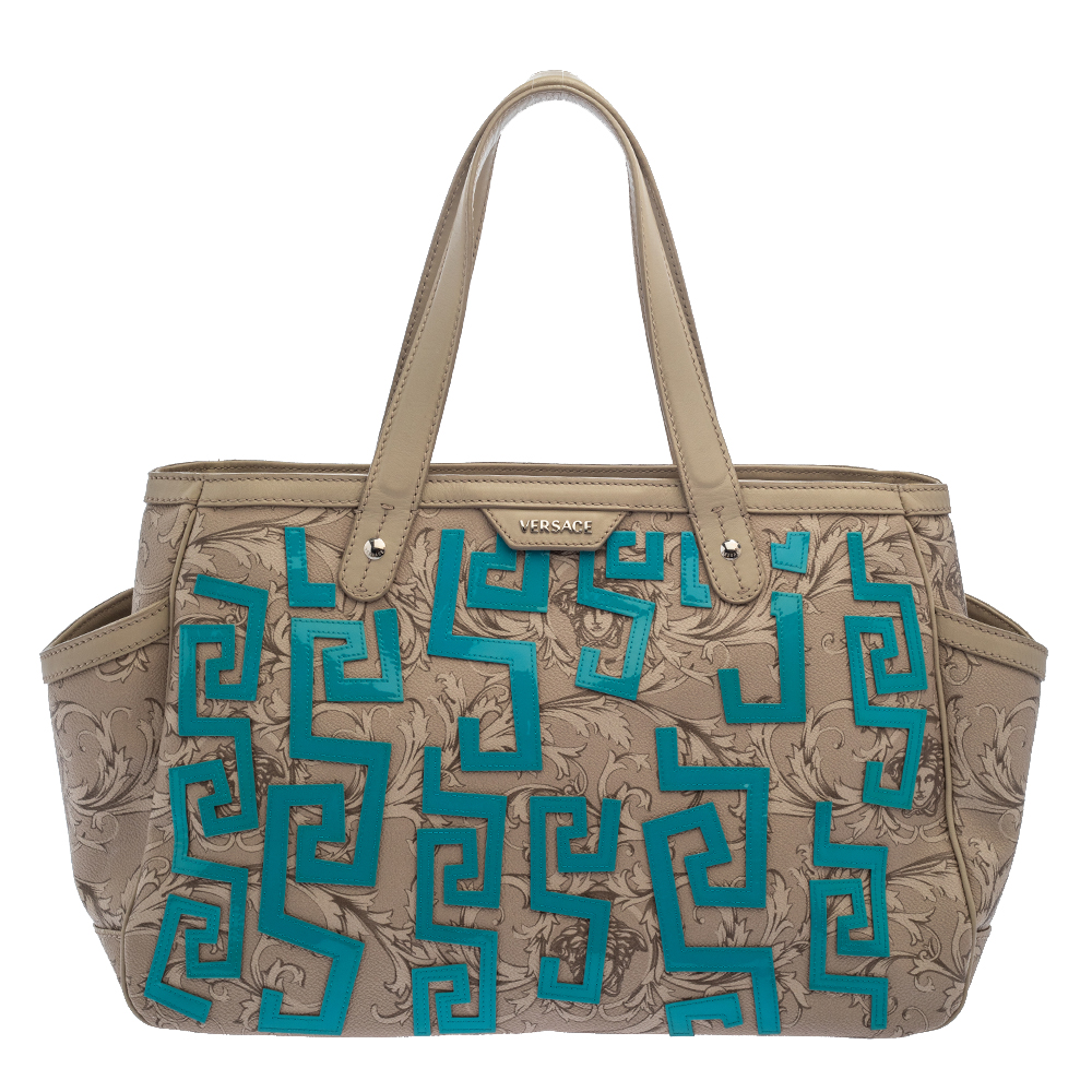 Pre-owned Versace Beige/turquoise Medusa Print Coated Canvas And Patent Leather Patch Diaper Bag