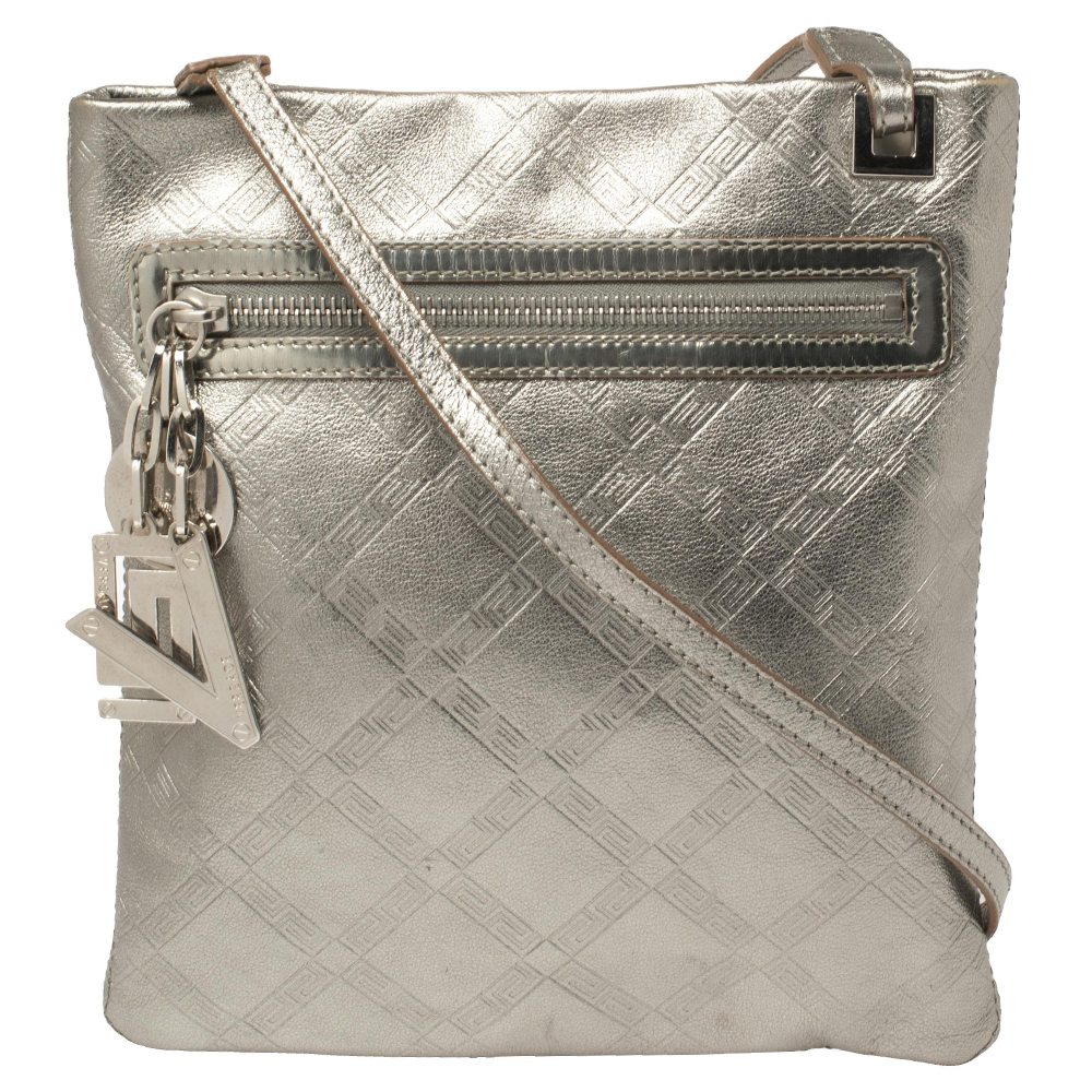 Pre-owned Versace Metallic Silver Leather Slim Crossbody Bag