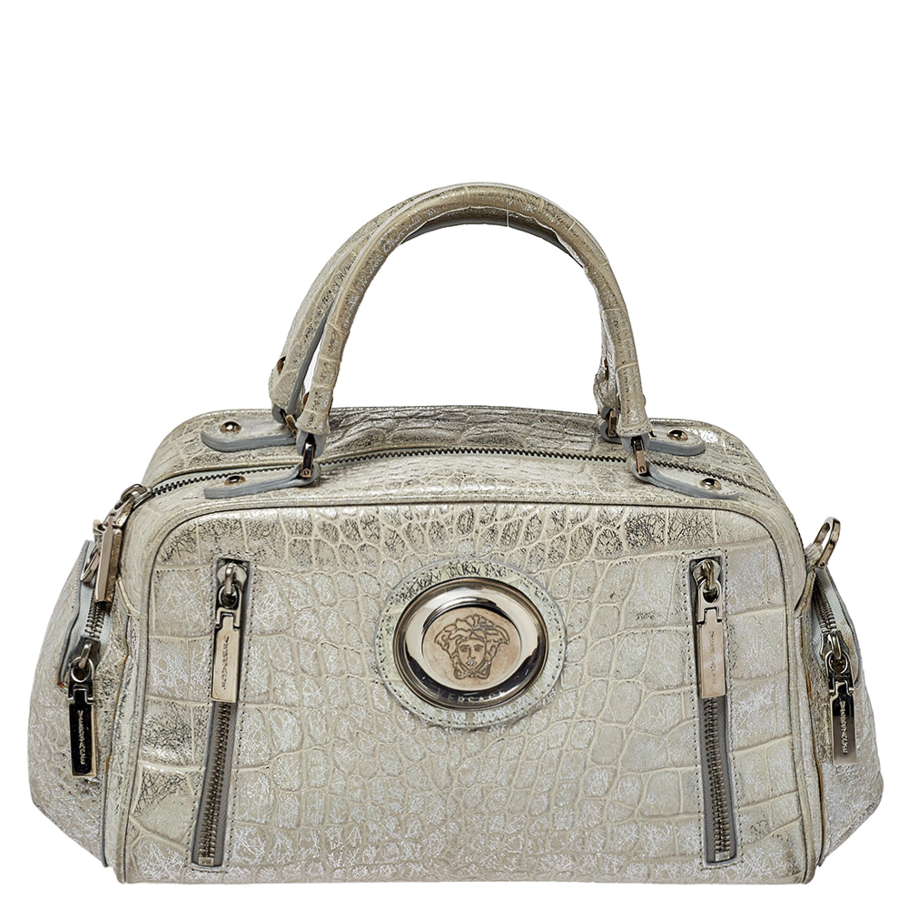 Pre-owned Versace Silver Croc Embossed Leather Satchel