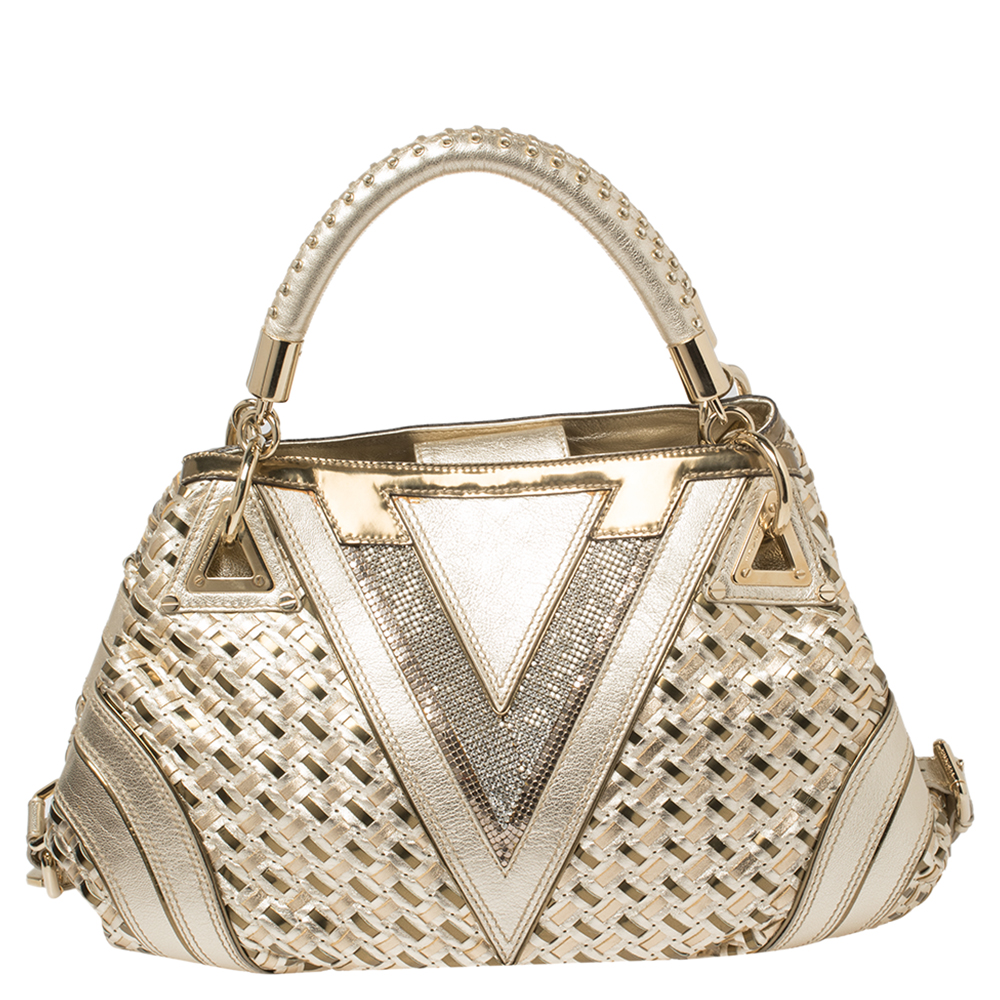 Pre-owned Versace Metallic Gold Woven Leather Crystal Embellished V Satchel