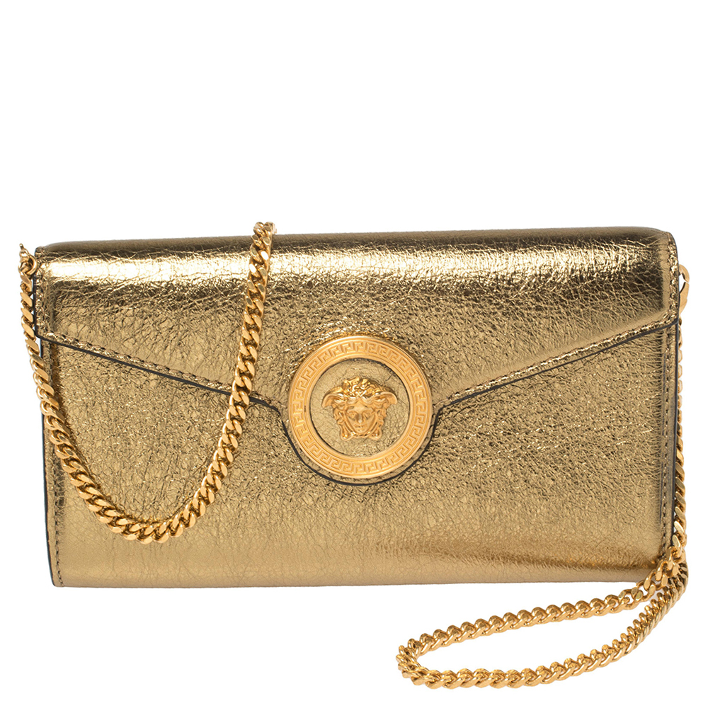 Pre-owned Versace Metallic Gold Leather Medusa Wallet On Chain