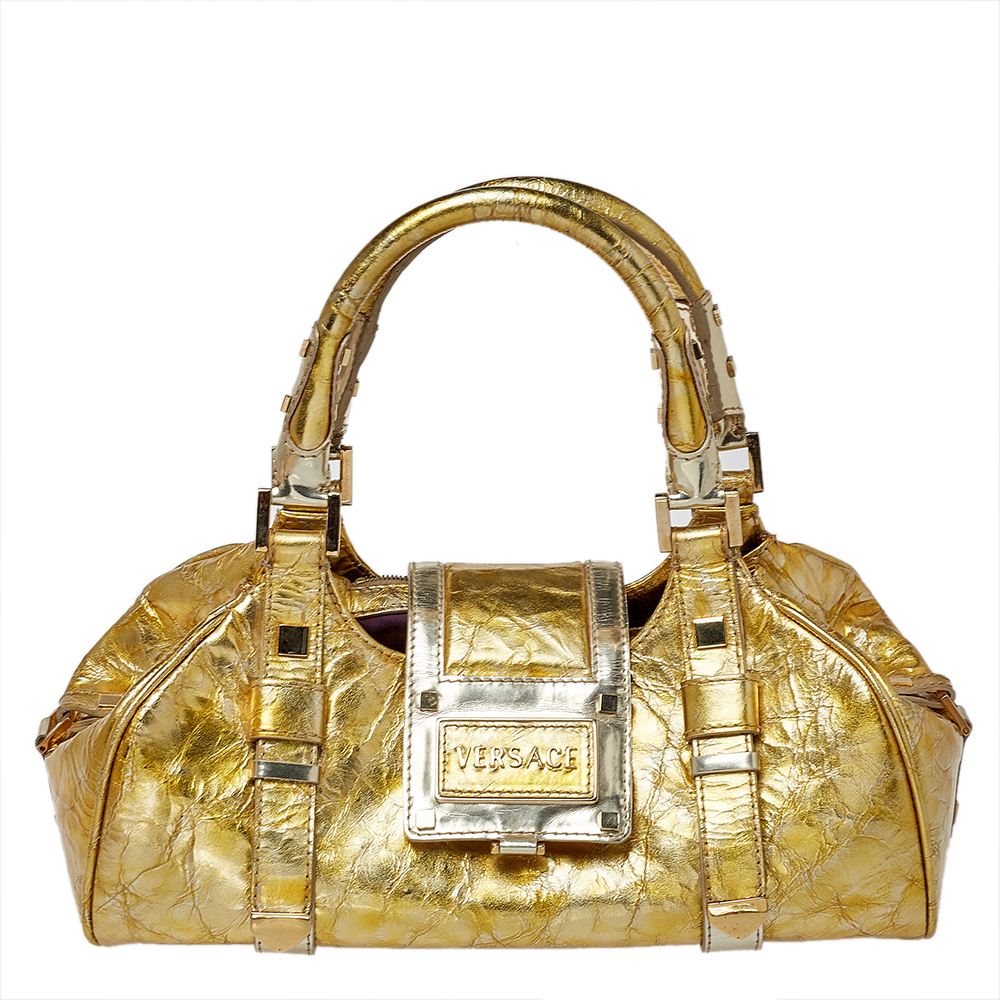 Pre-owned Versace Metallic Gold Crinkled Leather Satchel
