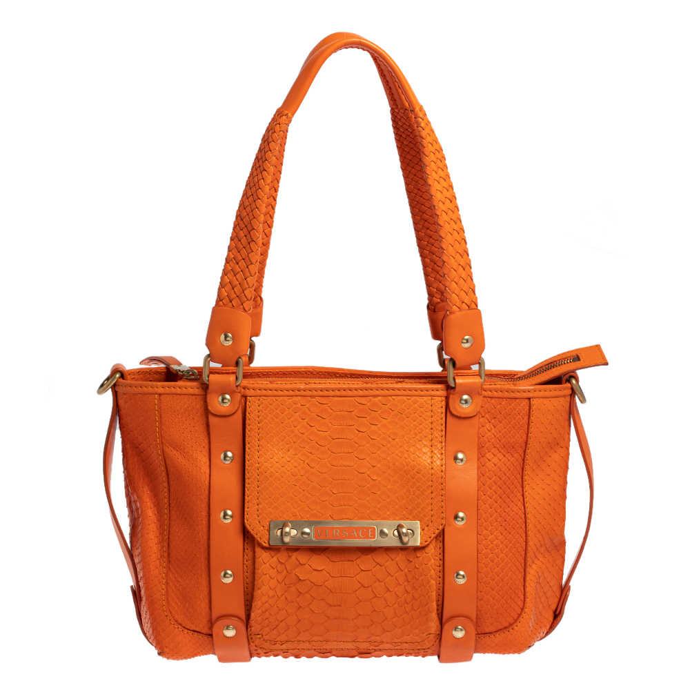 Pre-owned Versace Orange Python Front Pocket Shoulder Bag