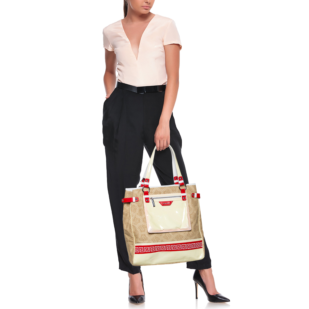 

Versace Multicolor Medusa Print Fabric and Patent Leather Front Pocket Tote