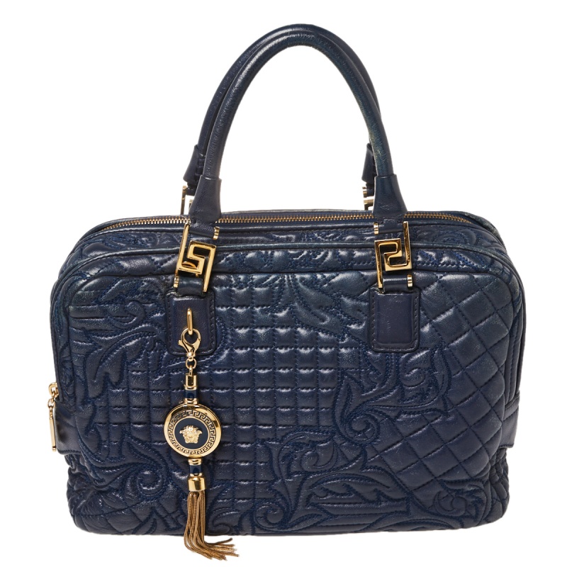 Pre-owned Versace Navy Blue Leather Demetra Vanitas Satchel